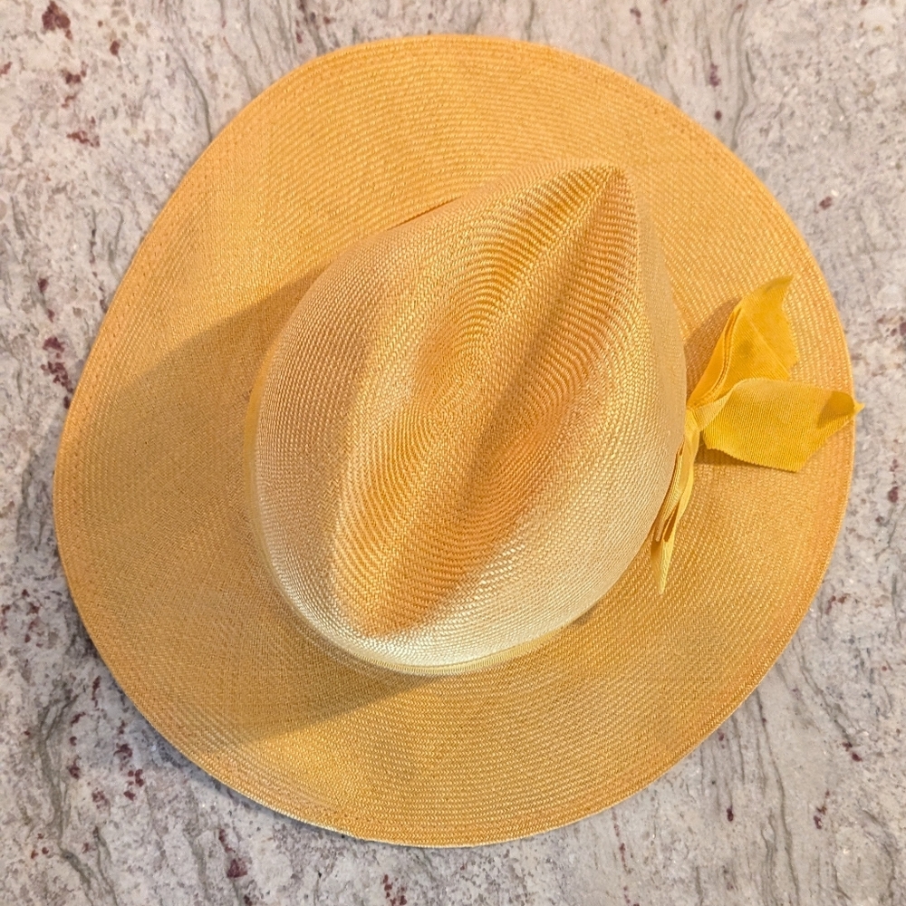 Vintage Yellow Straw Woven Fedora Summer Beach Sun Hat Stored In Box EUC
